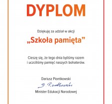 Dyplom "Szkoła pamięta" - podziękowania za udział w akcji 25.10.2019 r. 